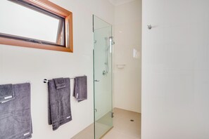 Shower, eco-friendly toiletries, hair dryer, towels