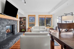 TV, fireplace - Mountain Views Lux 2BR Condo in Canmore w/ Hot Tub (Canmore)