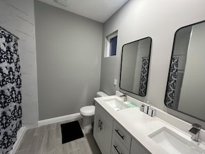 Secador de cabelo, toalhas de banho, sabonete, papel higiênico