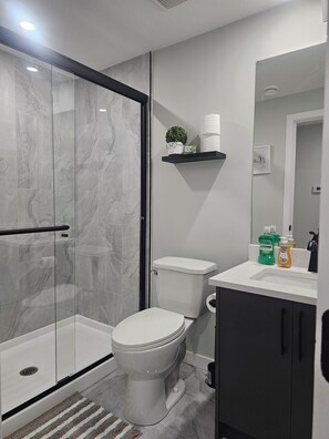 シャワー、ヘアドライヤー、タオル、トイレットペーパー