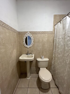 Shower, towels, soap, toilet paper
