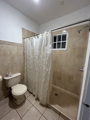 Shower, towels, soap, toilet paper
