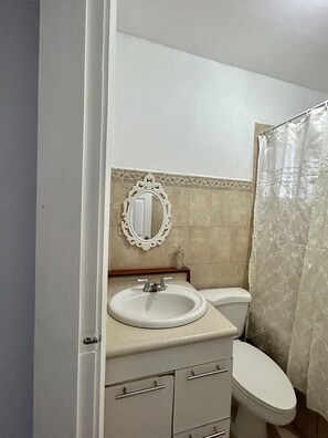 Shower, towels, soap, toilet paper