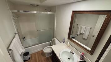 Hair dryer, towels, soap, toilet paper