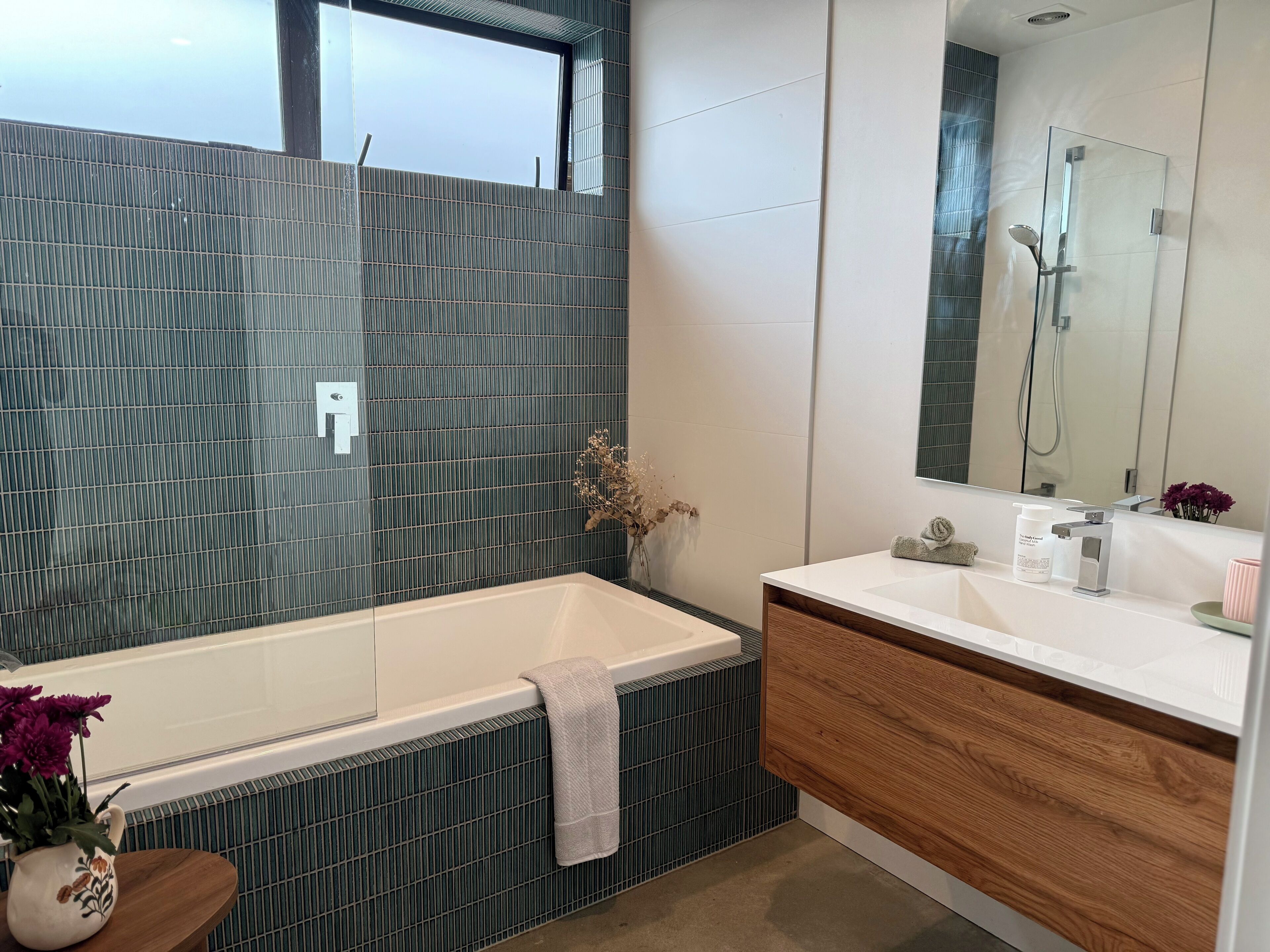 Hair dryer, towels, soap, shampoo