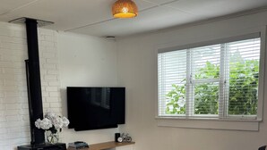 Un salon moderne doté d’une cheminée, d’un téléviseur et d’une grande fenêtre avec des stores.