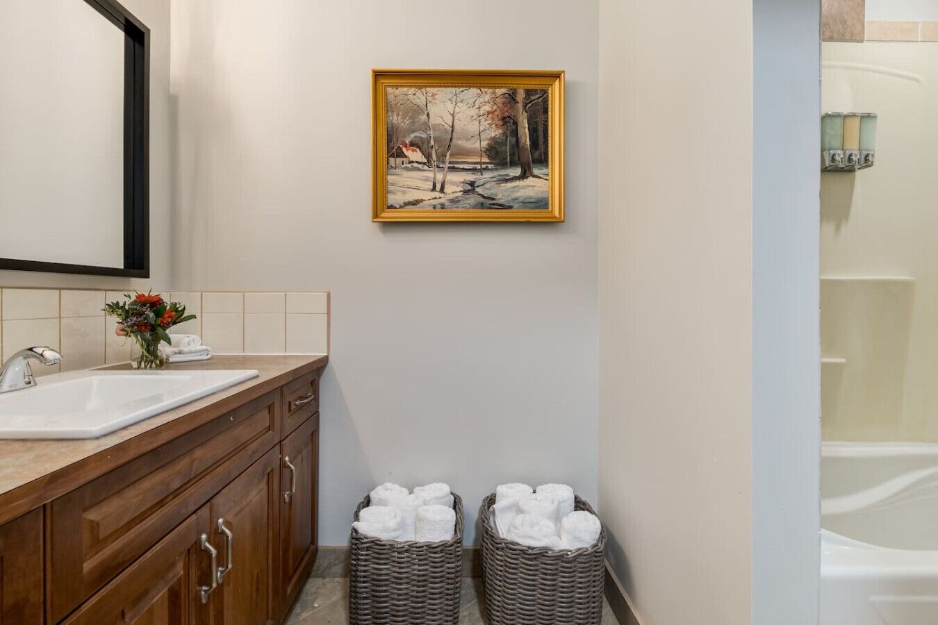 Hair dryer, towels, soap, shampoo