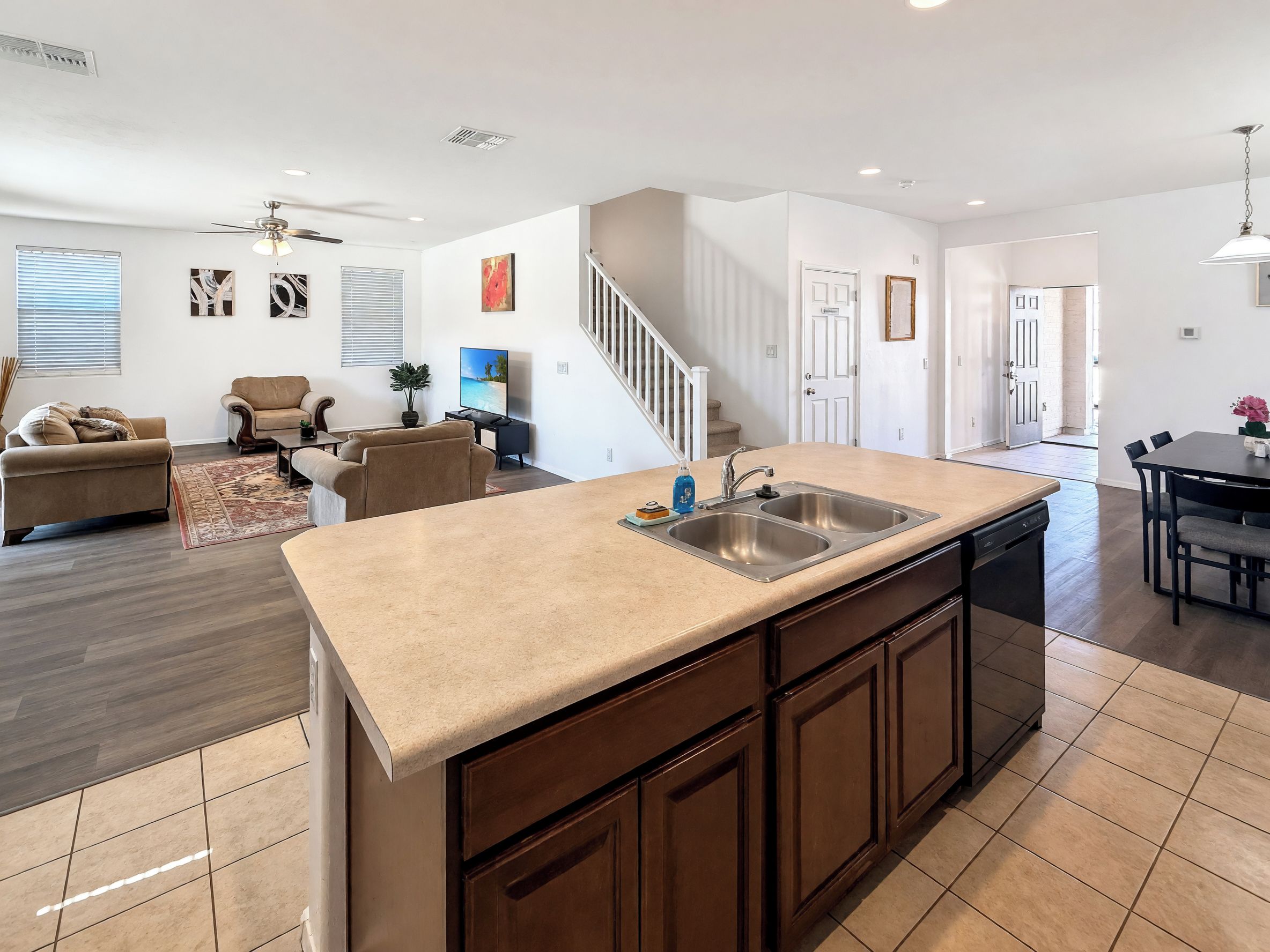 Open kitchen with island and living room