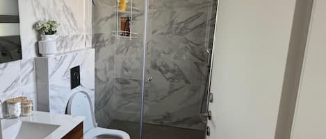 Shower, towels, soap, toilet paper