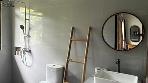 A modern bathroom with a shower, toilet, sink, and a mirror. - Raka Rai Bungalow (Ubud)