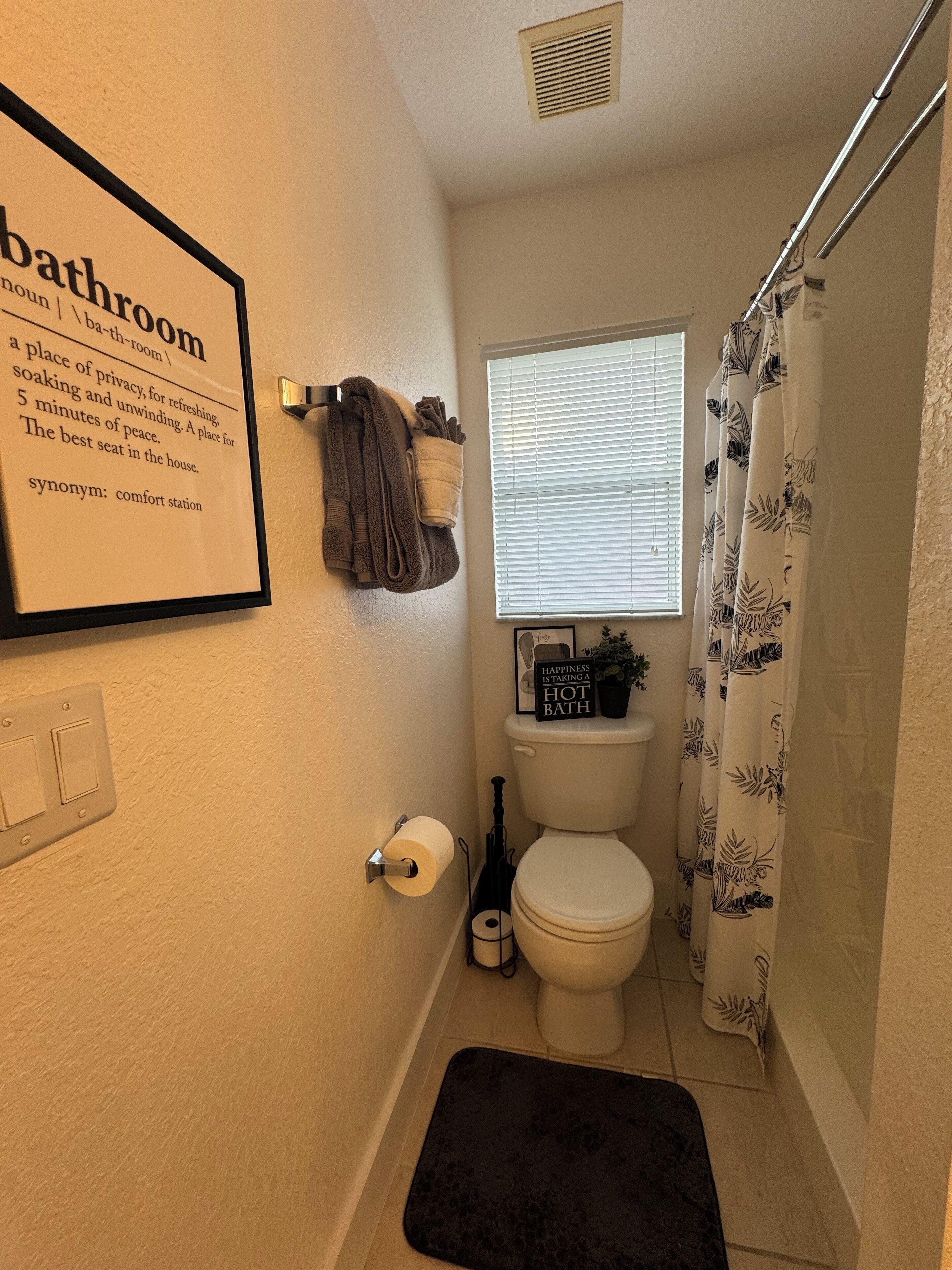 Shower, hair dryer, towels, toilet paper