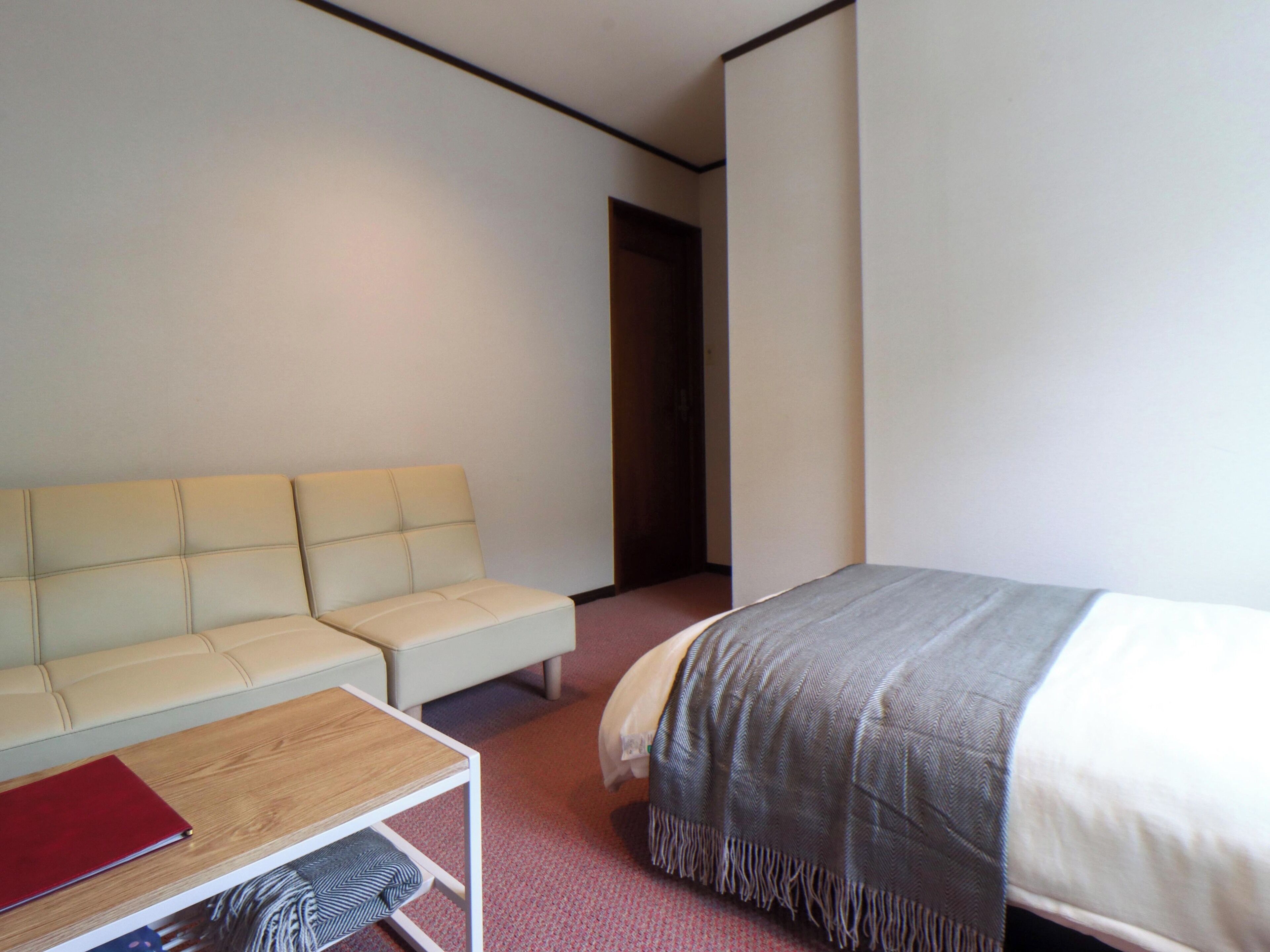 A room with a bed, a sofa, a small table, and a door.
