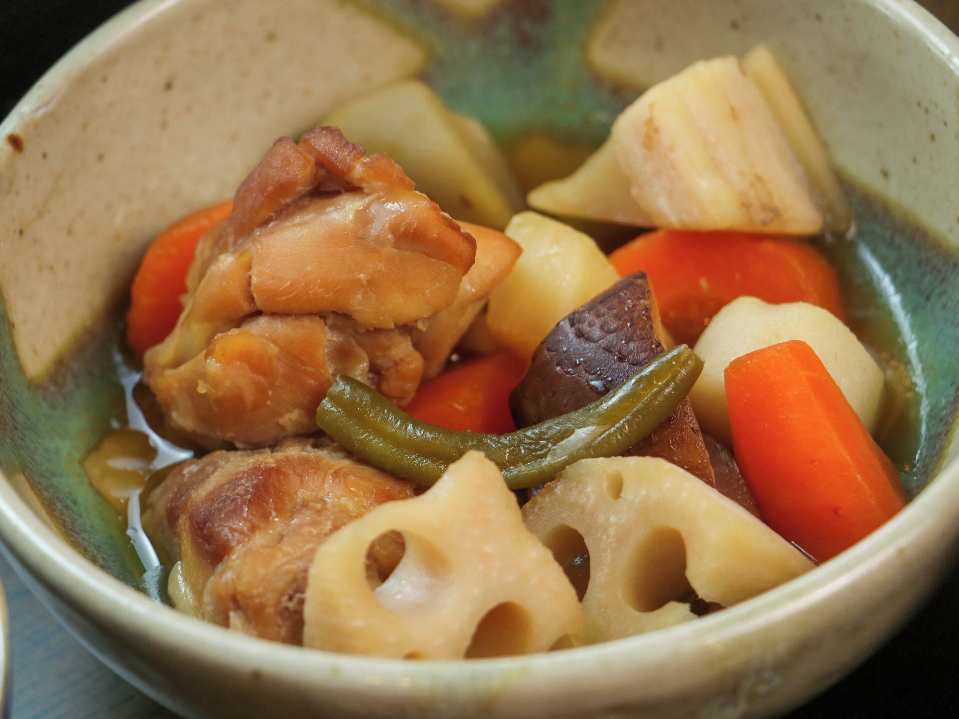 Una ciotola di stufato con verdure e carne vari.