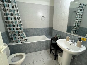 Hair dryer, towels, soap, toilet paper