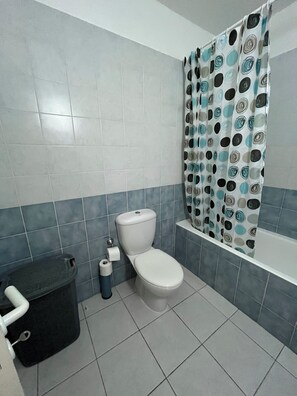 Hair dryer, towels, soap, toilet paper