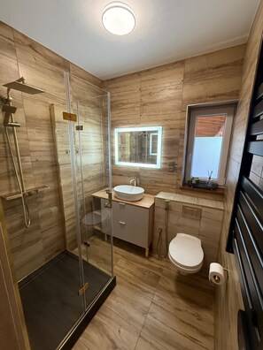 Regadera, secadora de cabello, bidet, toallas 