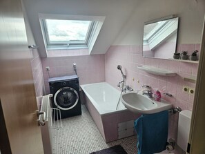 Hair dryer, towels, soap, toilet paper