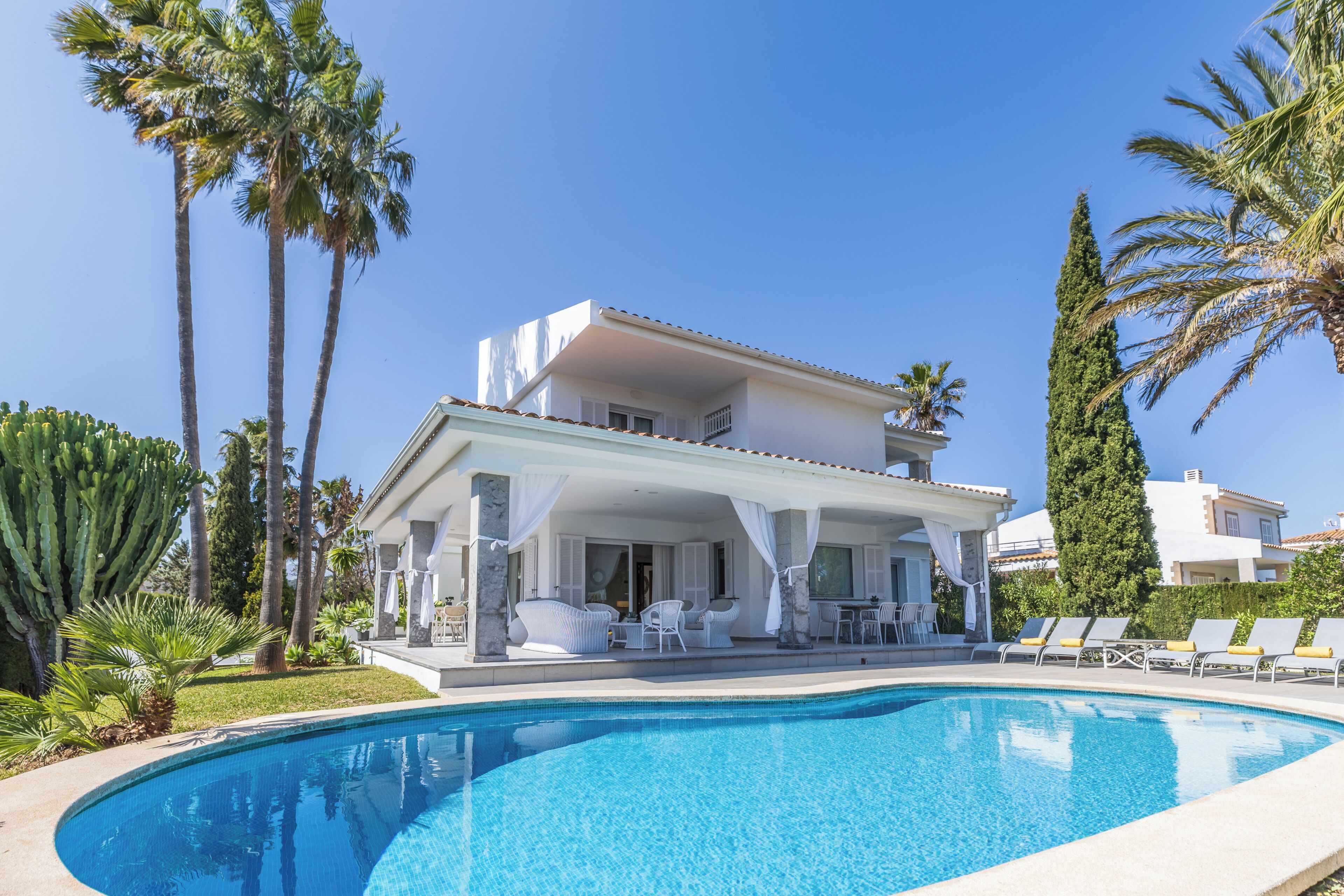 A poolside area with a covered seating area, palm trees, and a clear blue sky.