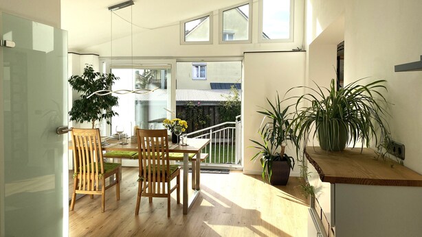 A modern interior with a wooden dining table and chairs, a potted plant, and a view of the outside through large windows.