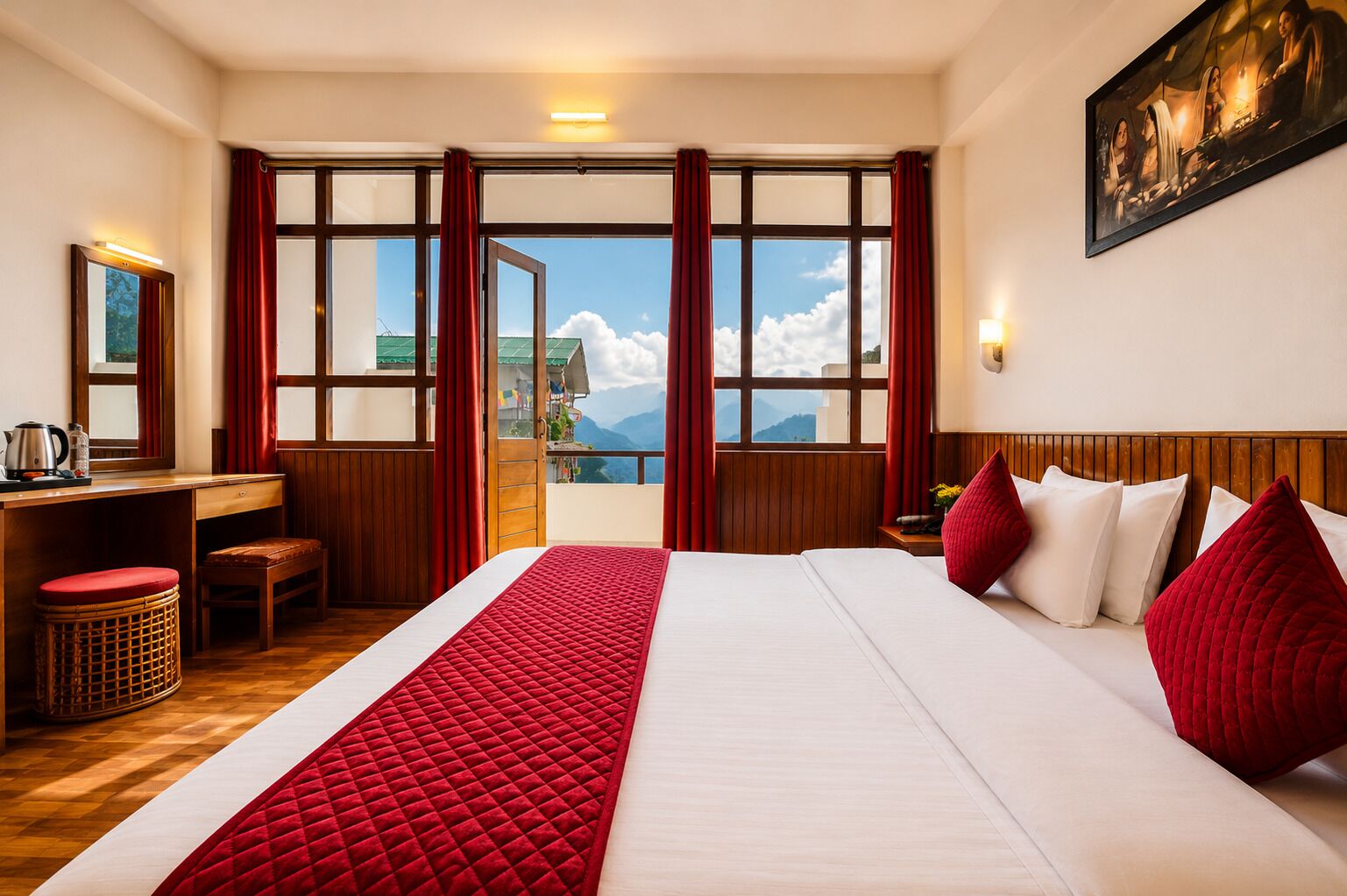 A hotel room with a large bed, a desk, a chair, and a view of mountains through large windows.