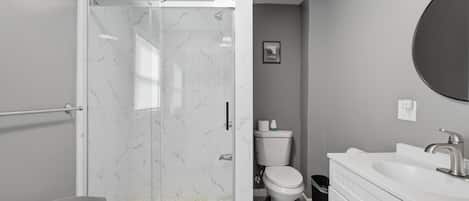 Hair dryer, towels, soap, toilet paper