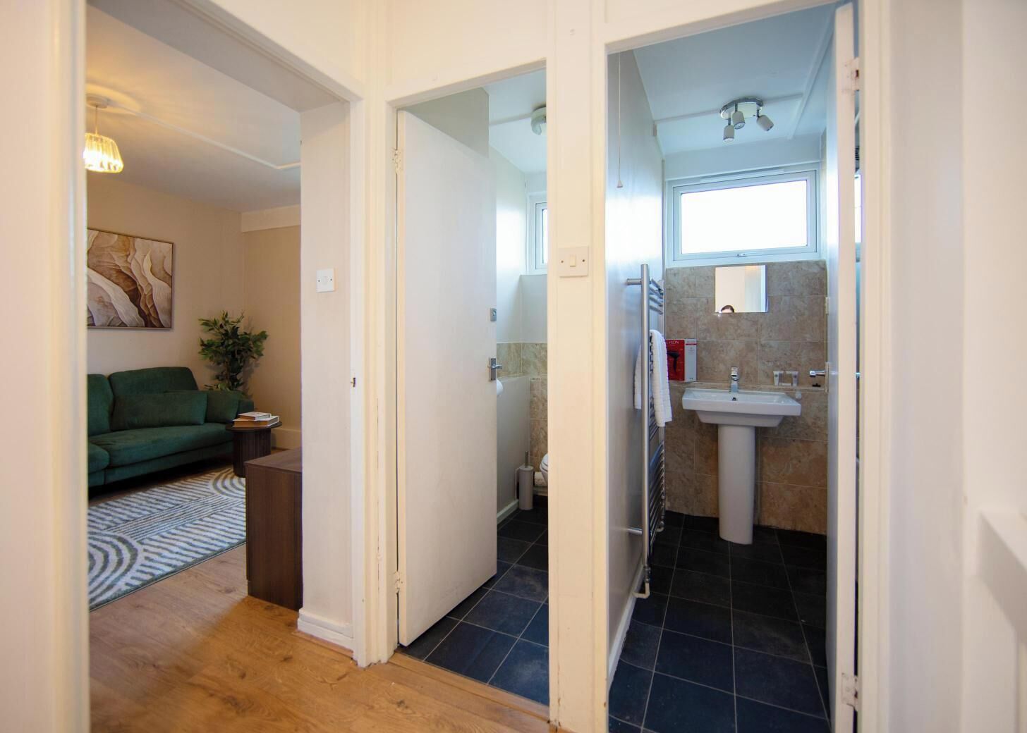 A hallway leading to a bathroom with a sink and shower. A green sofa and a patterned rug are visible in the adjacent living area.