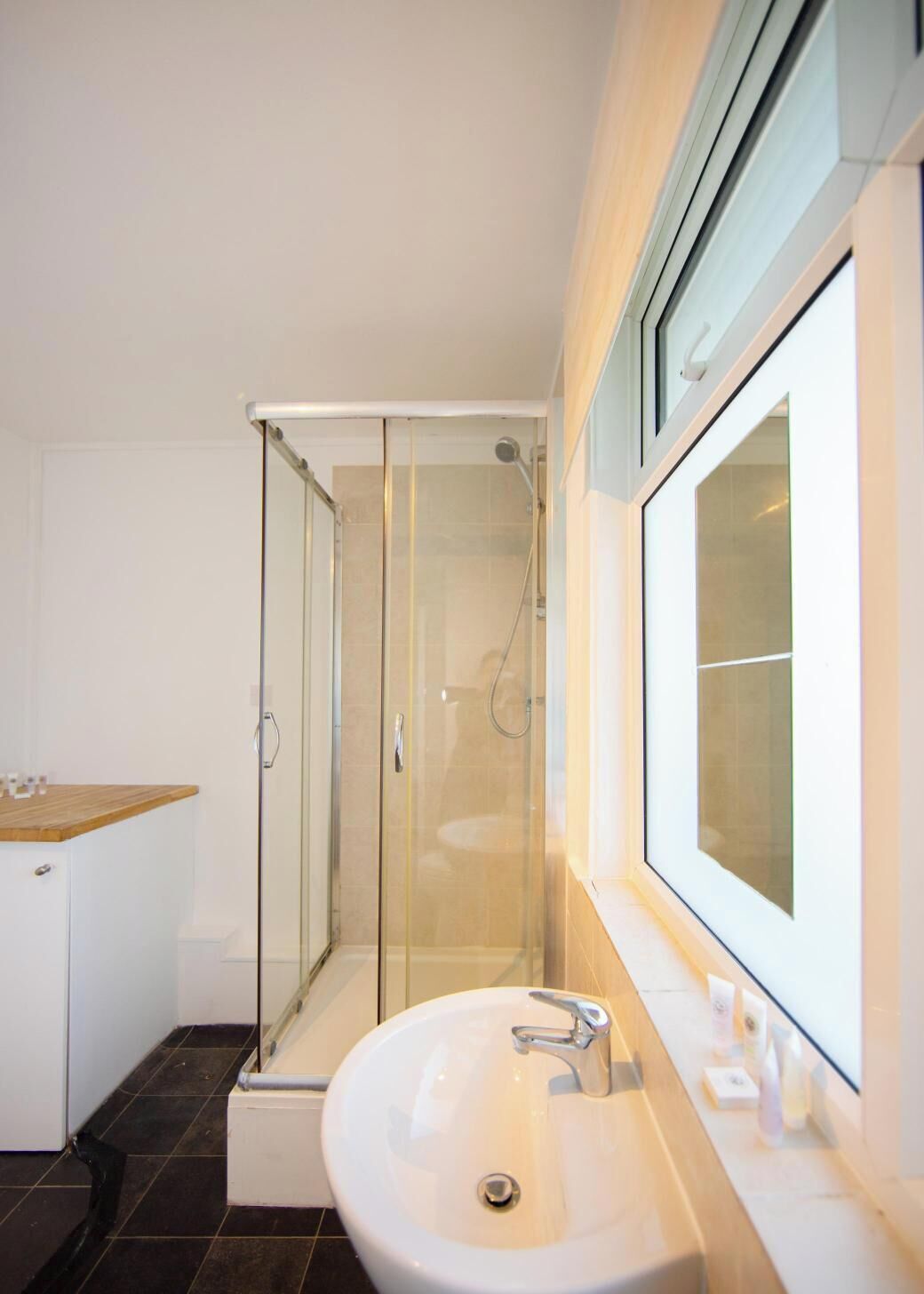 Shower, hair dryer, towels, toilet paper