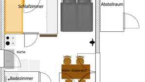 Distribución de una habitación de hotel con dormitorio, baño, cocina, sala de estar y terraza.