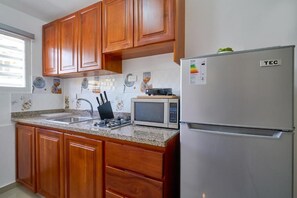 Departamento básico, 1 cama Queen size, cocina, vista a la ciudad | Cocina privada | Microondas, horno, parrilla de estufa y utensilios de cocina 