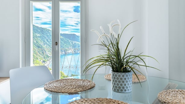 Un comedor moderno con una mesa de vidrio, individuales tejidos y una planta en maceta.