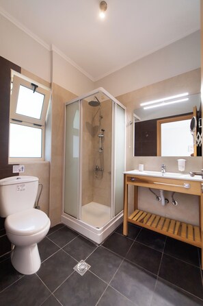 A modern bathroom with a glass-enclosed shower, a toilet, and a vanity with a mirror. - ROUDA VILLAGE (Lefkada)