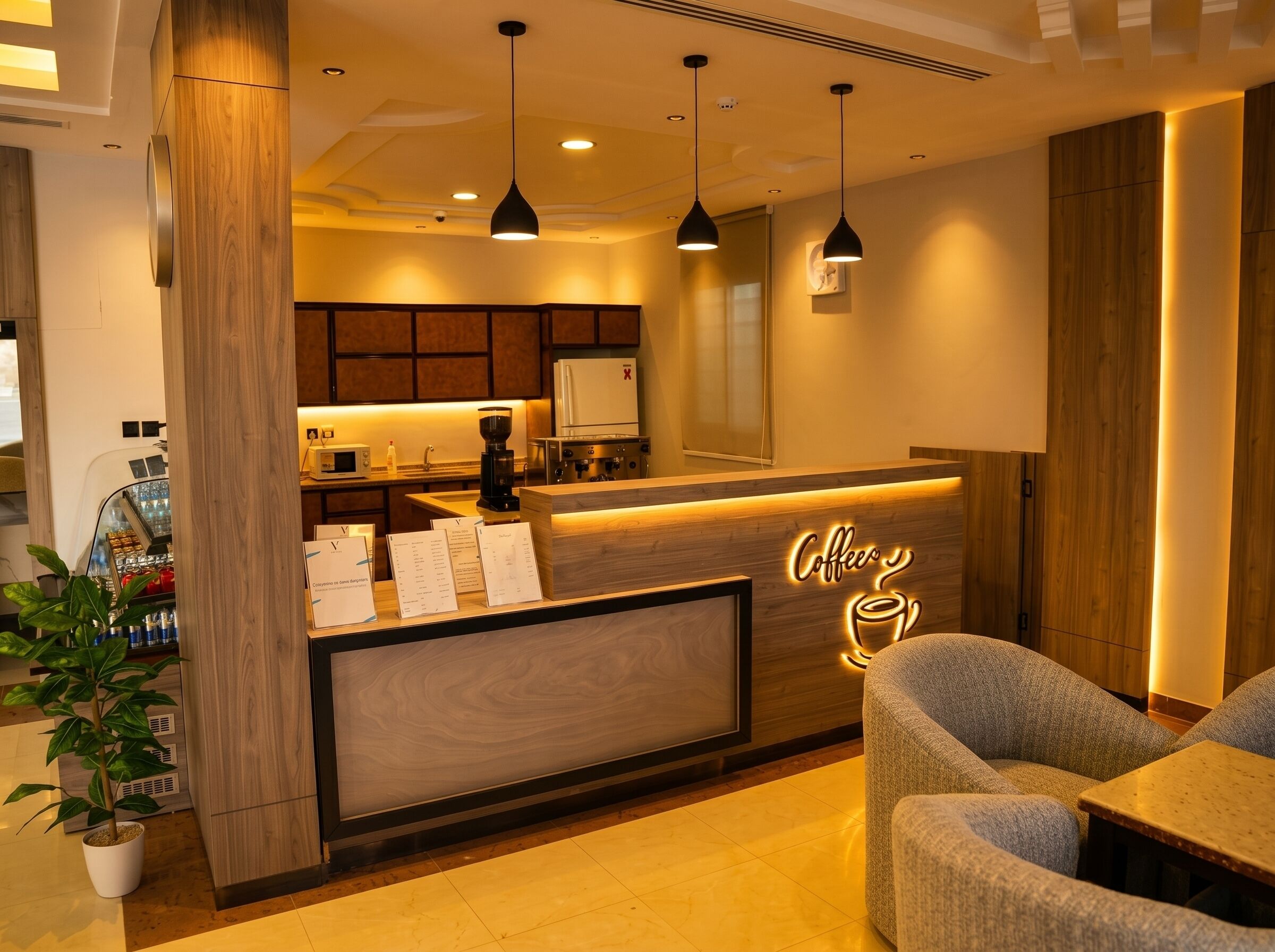 Interior modern d'una cafeteria amb un taulell de recepció de fusta, llums penjants i una zona de seients amb un sofà i una taula.