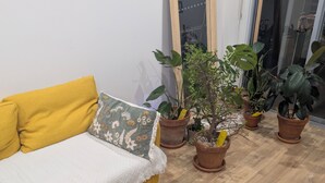 Een woonkamer met een gele bank, een witte plaid en verschillende potplanten.