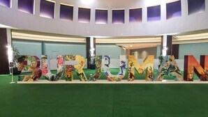 Um grande e colorido painel com a palavra "DRUMAN" escrita em destaque, com diversos desenhos de animais e elementos da natureza.