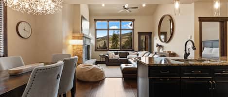 Smart TV, fireplace, books