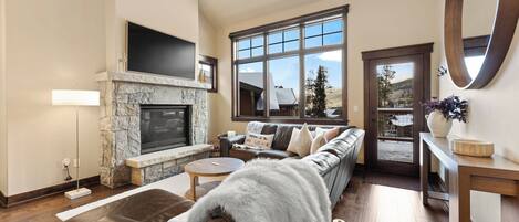 Smart TV, fireplace, books