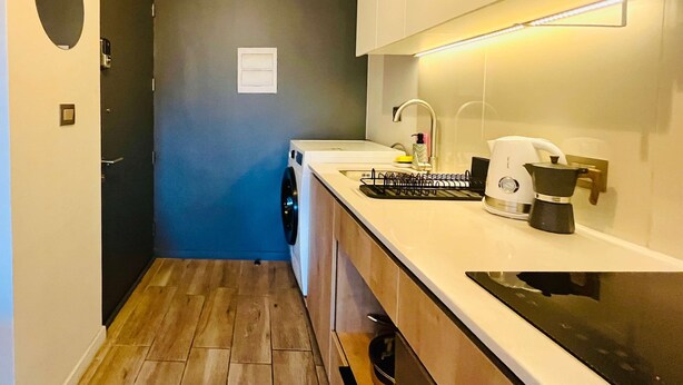 A compact kitchen with a washing machine, a coffee maker, and a sink. - Buho Urban Curic A C Washer Dryer Wifi (Santiago)