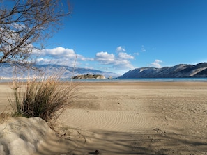 Uma praia com céu claro, montanhas ao fundo e vegetação rasteira.