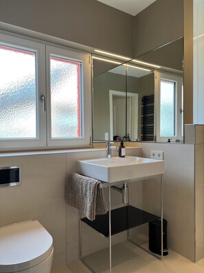 Dusche, Haartrockner, Handtücher, Seife