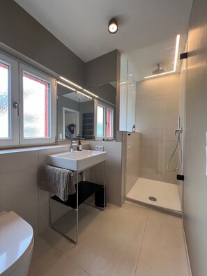 Douche, séchoir à cheveux, serviettes fournies, savon