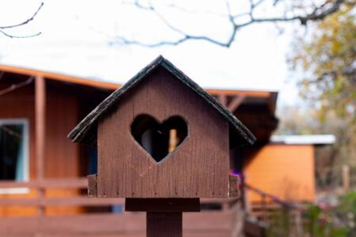 Une nichée à oiseaux en bois, ornée d’une découpe en forme de cœur.
