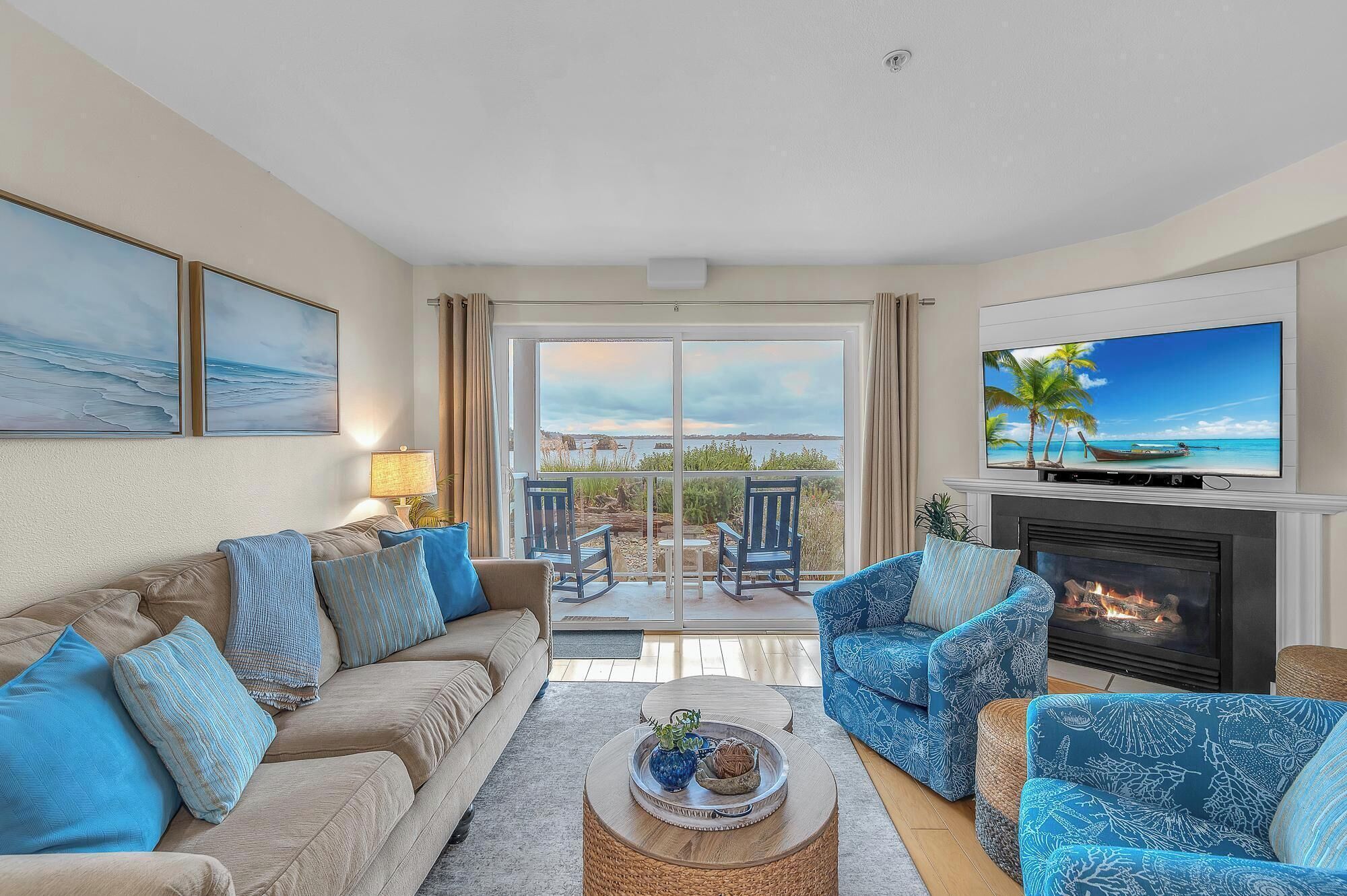 Smart TV, fireplace, books