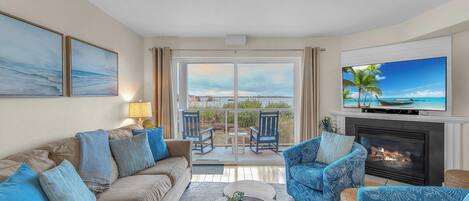 Smart TV, fireplace, books