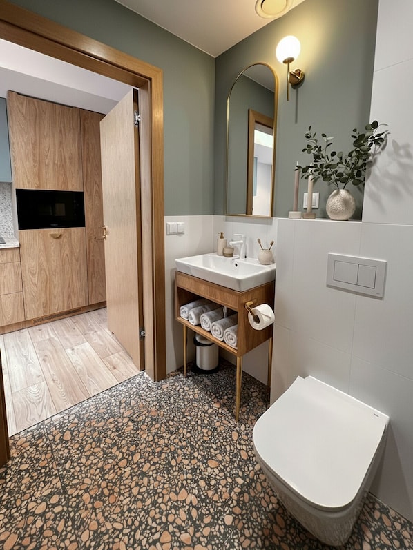 Shower, free toiletries, hair dryer, towels