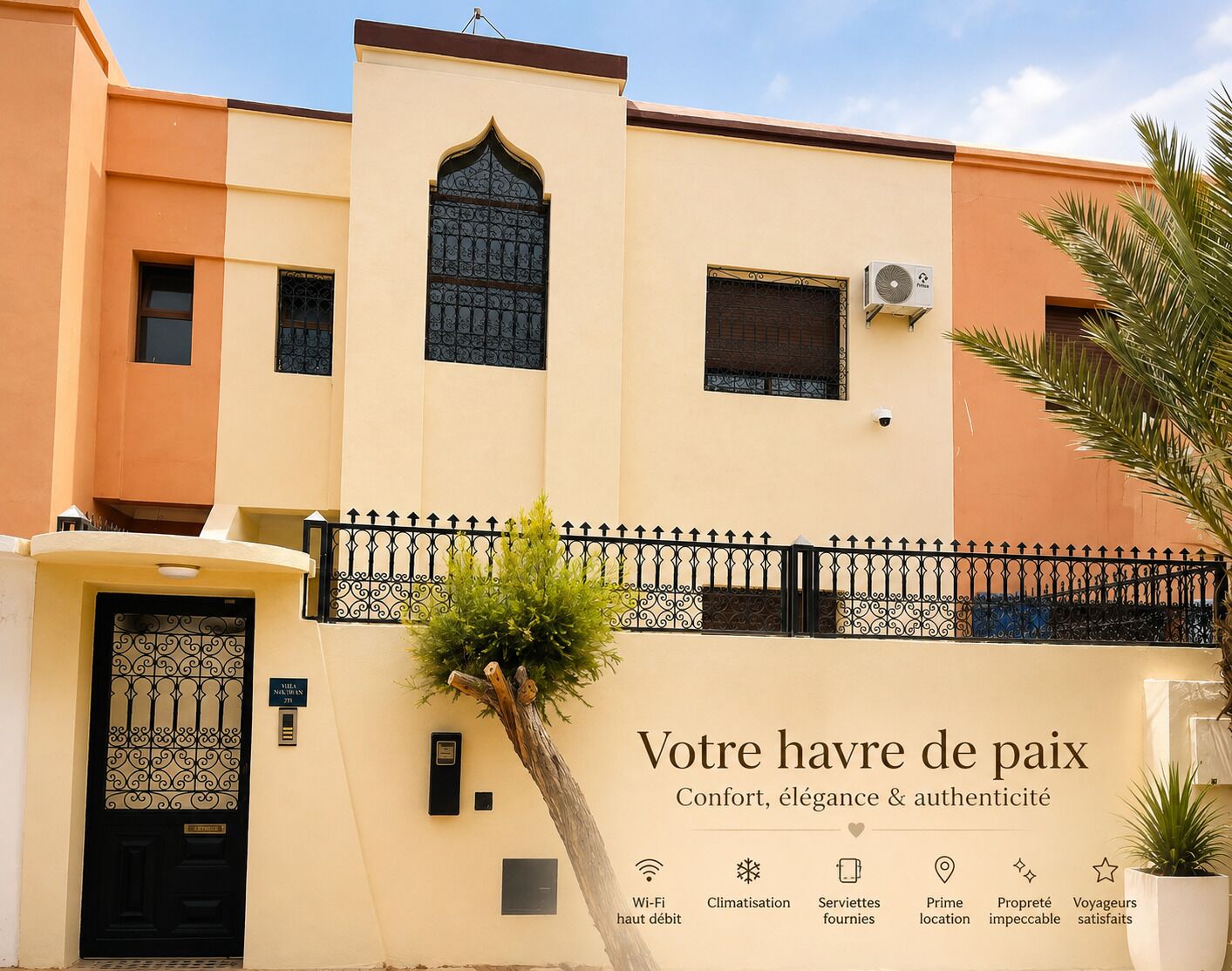 A hotel facade with a black gate, a sign indicating 'Villa Neumann 731', and a signboard with amenities like Wi-Fi, heating, and room service.
