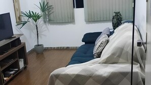 Une chambre à coucher avec un lit, une télévision, une plante et une fenêtre avec des rideaux.