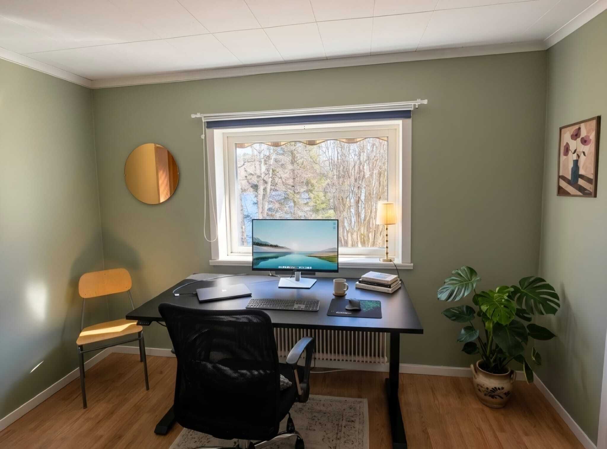 A room with a desk, computer, chair, lamp, and a window with a view of trees.