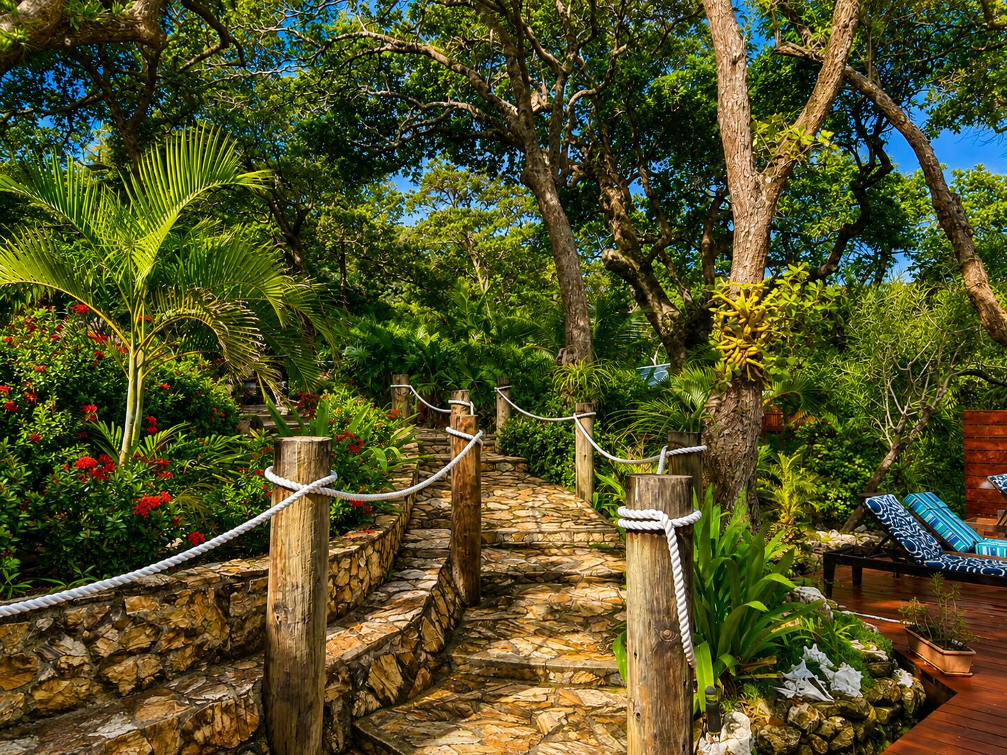 A stone pathway leading through a lush garden with wooden posts and ropes, surrounded by various tropical plants and trees.