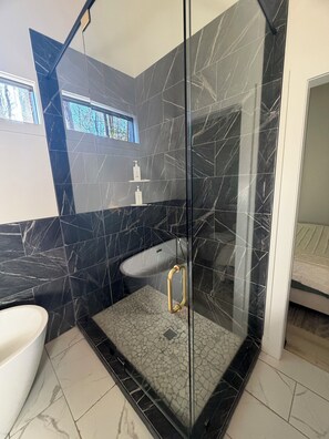 Shower, hair dryer, towels, soap