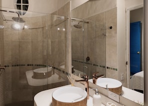 Hair dryer, towels, soap, toilet paper